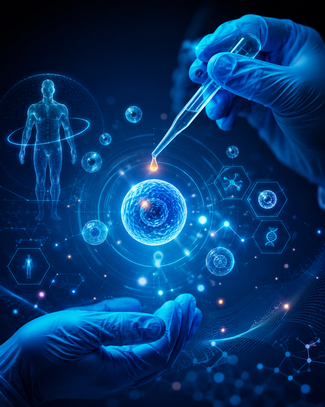 Futuristic medical image representing regenerative stem cell therapy, cellular wellness, and non-surgical recovery treatments at LeHeal Biogenix in Tampa, Florida.